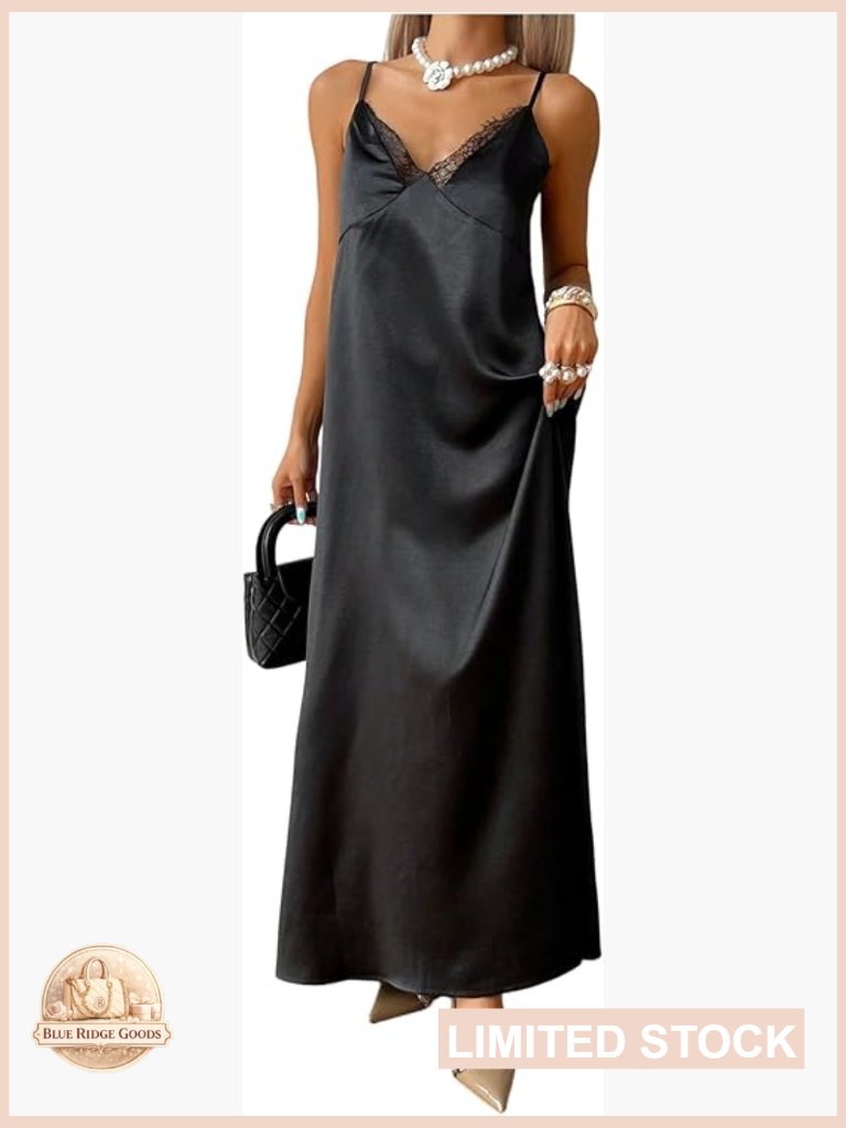 Elegant Satin Slip Dress V Neck Spaghetti Strap Maxi Sundress Lace Trim